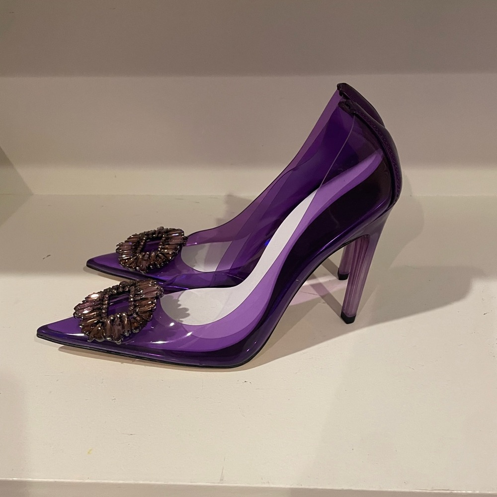 Good American “Cinderella” jeweled bow stiletto pump. Worn once.  Original box.